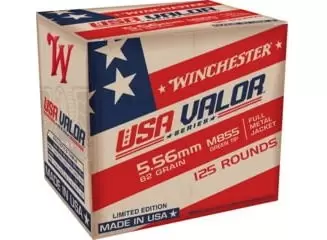 Winchester USA Valor 5.56x45mm NATO 62GR FMJBT Ammunition 125RD USA855125