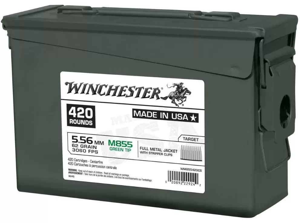 Winchester USA M855 Green Tip 5.56x45mm NATO 62 GR FMJ Ammunition 420RD WM855420CS